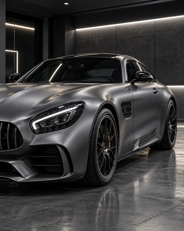 Generated visualization of a satin graphite sports coupe in a detailing studio