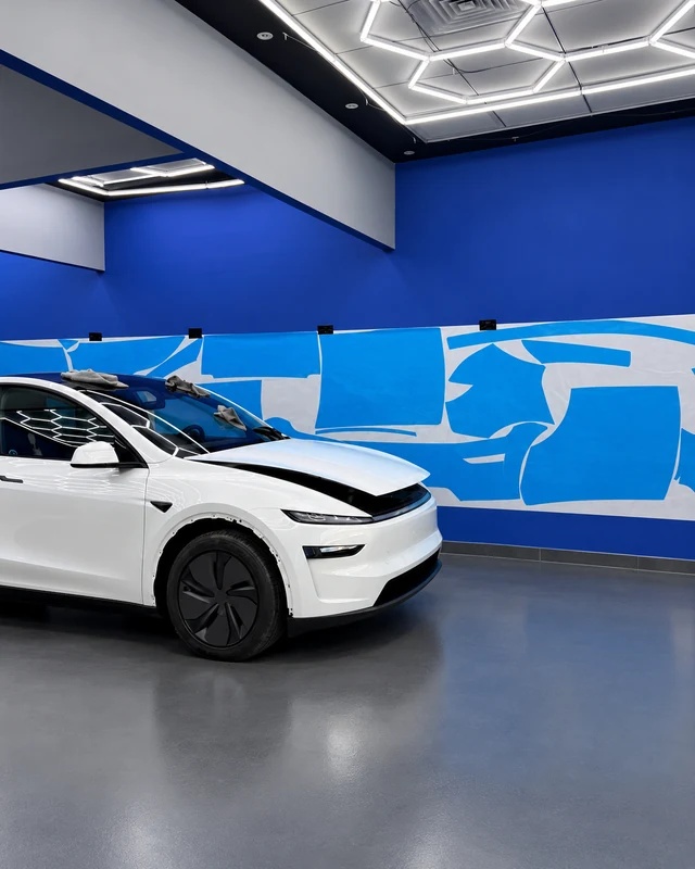 Retouched KRON workshop photograph: white Tesla beside blue protective-cap film patterns